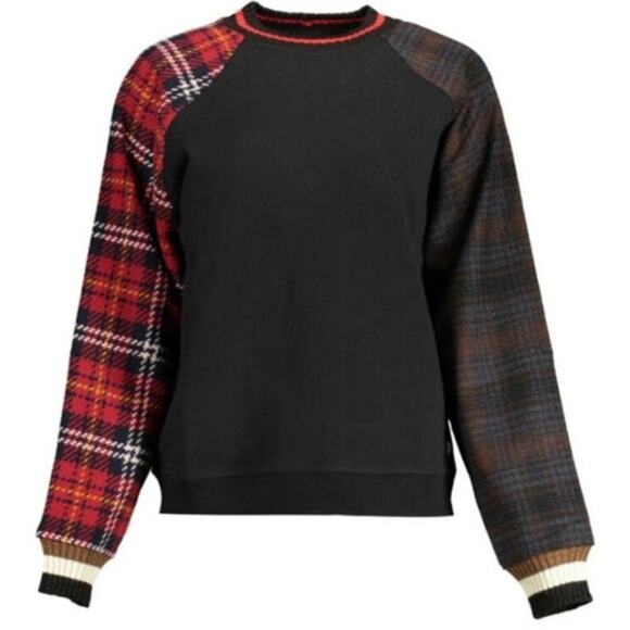 Desigual Raglan Plaid Sleeves Ribbed Knit Striped Collar Cuffs Sweatshirt Size M - Picture 1 of 9